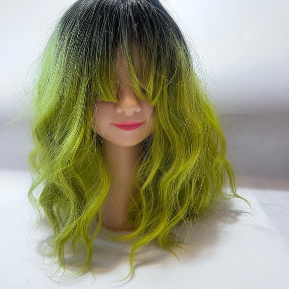 GREEN OMBRE WAVY WIG ISABELLA Green and Black Wavy Ombre Wig with Bangs - Picture 2 of 7